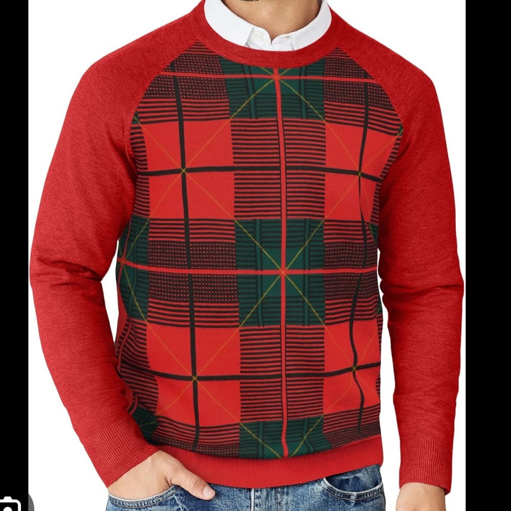 Coofandy Red Plaid Crewneck Sweater NWT